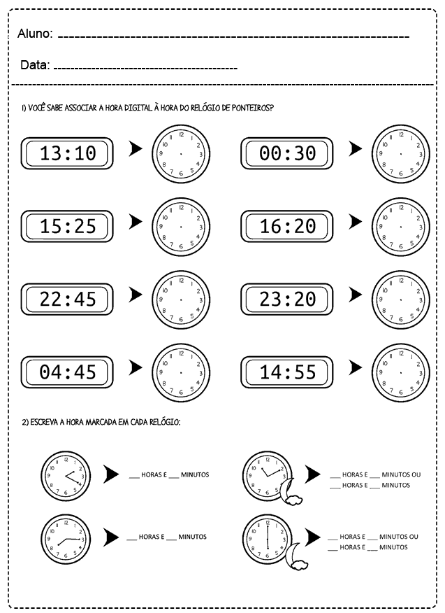 Atividades com Relógio para imprimir - Atividades Escolares