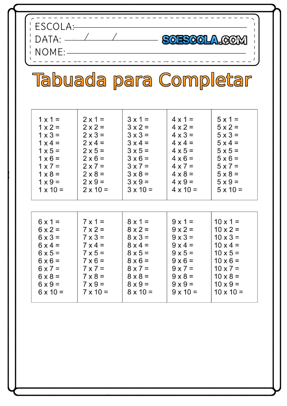 Tabuada de Multiplicação para Completar e Imprimir