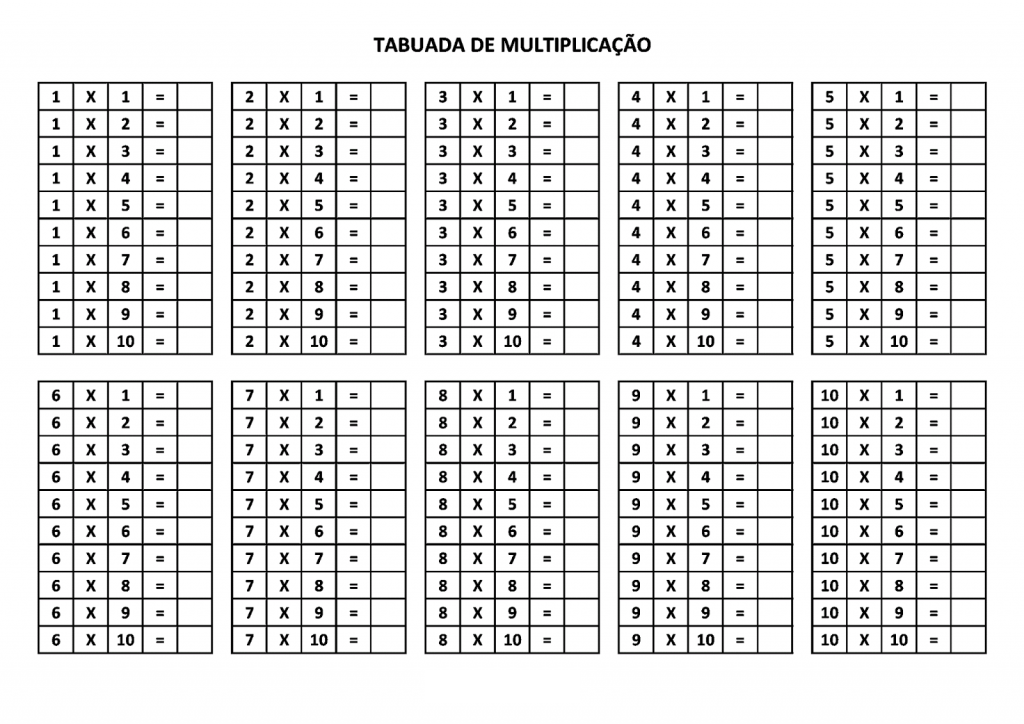 Tabuada da Multiplicação para Completar (SEM RESULTADOS) - Folha 01